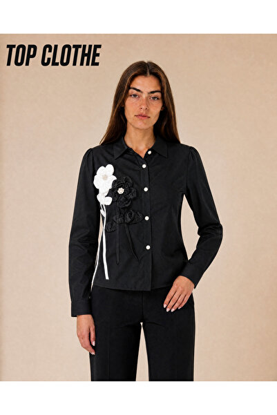 TOP CLOTHE Women's Embossed Floral Detail Shirt - Black & White