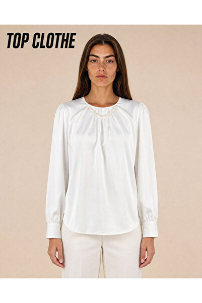 TOP CLOTHE Satin Blouse with Pearl Details and Long Sleeves – Black, White an...
