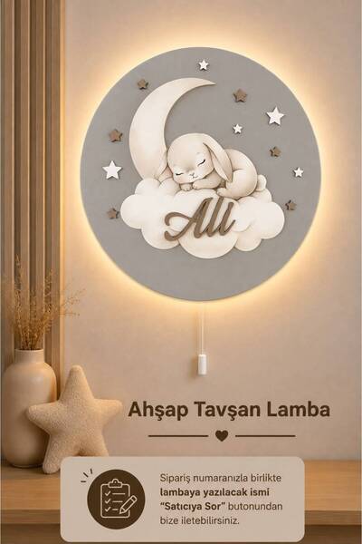 BugyBagy Ahşap Uyuyan Tavşan Lamba İsme Özel Pilli Ledli Gece Lambası Bebek Ç...