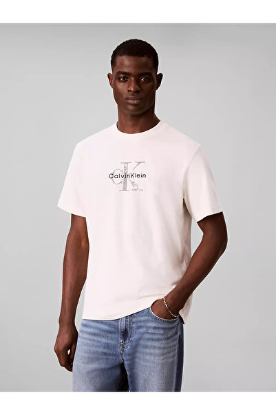 Calvin Klein Erkek Pamuklu Bisiklet Yaka Kısa Kollu Ekru T-Shirt