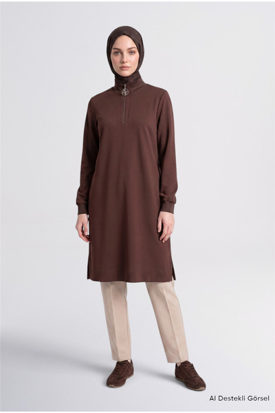 Armine Zipper Detailed Basic Tunic Bitter Brown