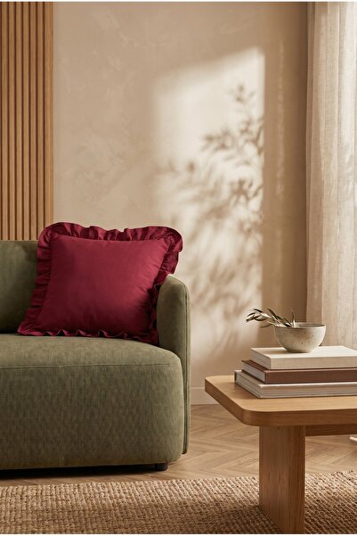 YUNUSOĞLU HOME 1 Adet Bordo Fırfırlı Dekoratif Kırlent Kılıfı %100 Pamuk 45x45 cm