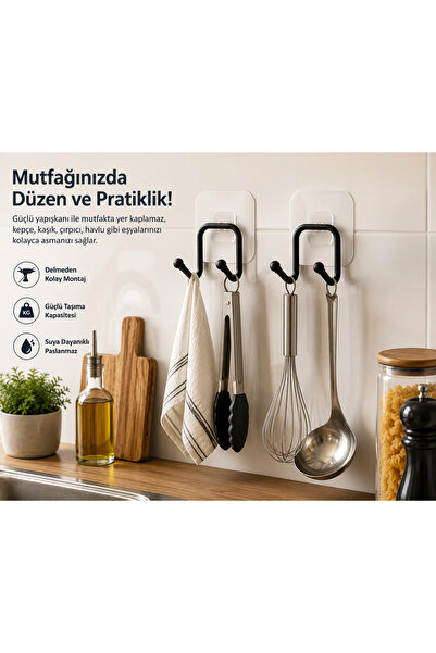 HSY STORE Yapışkanlı 2'li Çift Kancalı Metal Askılık | Delmeden Montaj Banyo Mutfak Duvar Organizer