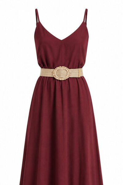 Laluvia Bordo Hasır Kemerli Elbise - 2y3303