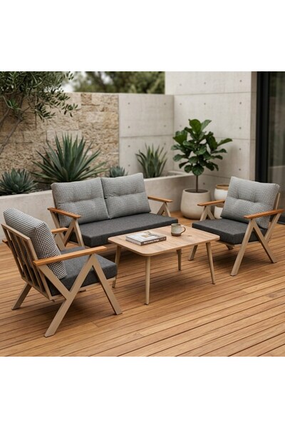 Azra Mobilya Venedik 2+1+1+Sehpa Metal Balkon Takımı Keten Dokulu Kumaş – Cap...
