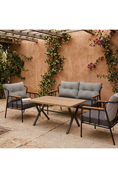 Azra Mobilya Paris 2+1+1+ 70x120 Ceviz Desenli Masa Metal Balkon Takımı Keten...