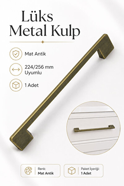 Badem10 Lüks RİGEL Metal Çekmece Dolap Kulpu Mat Antik 224/256 mm 1 Adet Mode...