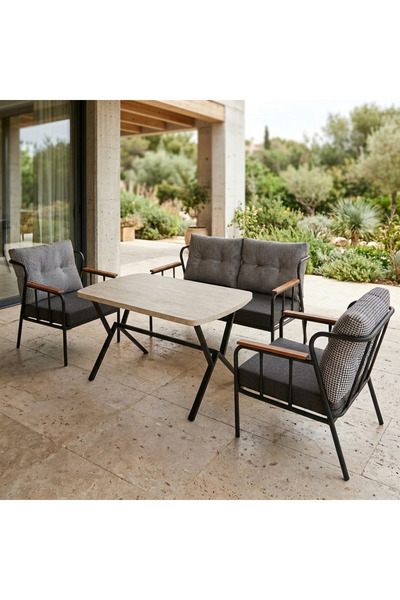 Azra Mobilya Paris 2+1+1+ 70x120 Traverten Desenli Masa Metal Balkon Takımı K...