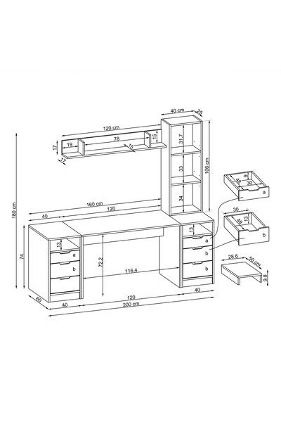 ROOMART Mode 2 adet 3 Çekmeceli Kesonlu Çalışma Masası , Kitaplıklı ve Raflı Çalışma Masası , Çalışma Ofis Masası , Bilgisayar Masası