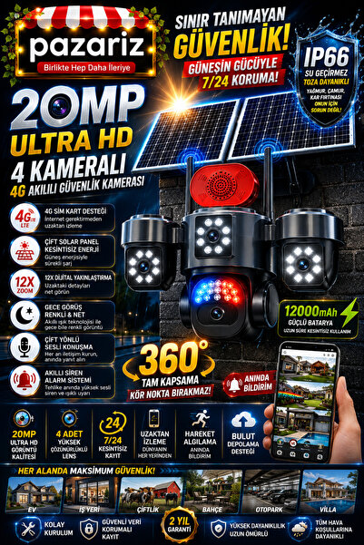 pazariz 20MP 4 Kameralı 4G Solar Güvenlik Kamerası – 360° Görüş, 12X Zoom, Gece Görüşü, Çift Solar Panel, Siren, Sesli Konuşma, SIM Kartlı, AOV Akıllı Kamera