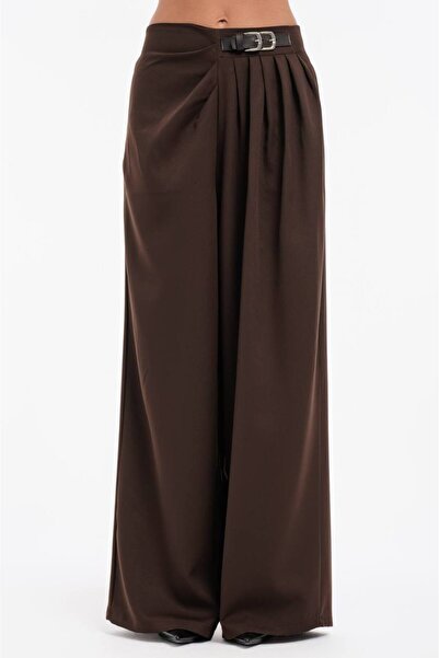 tw3 Women's Leather Buckle Detailed Front Pleated Design Wide Leg Trousers