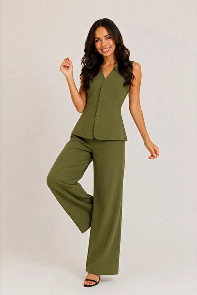 Cool & Sexy Khaki Tie-Detail Vest & Palazzo Pants Set