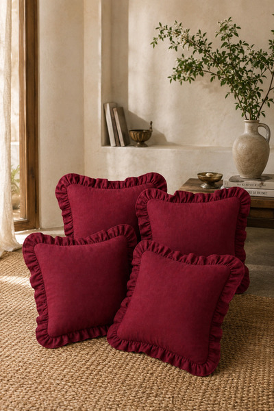 YUNUSOĞLU HOME Set of 4 Burgundy Ruffled Decorative Throw Pillow Covers 100% ...