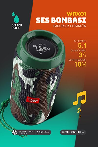 POWERWAY Wrx01 Sd Kart Aux Usb Girişli Kamuflaj Kablosuz Bluetooth Speaker Ho...
