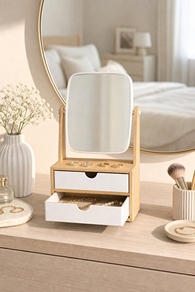 Evmarketi 2 Drawer Mirrored Bamboo Makeup Organizer with Clock Necklace Ring ...