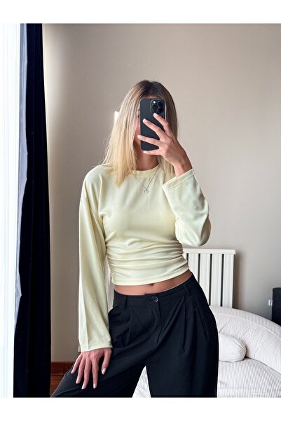 LolaCollection Kadın Sarı Büzgülü Crop Bluz Uzun Kollu Yuvarlak Yaka Bel Detaylı