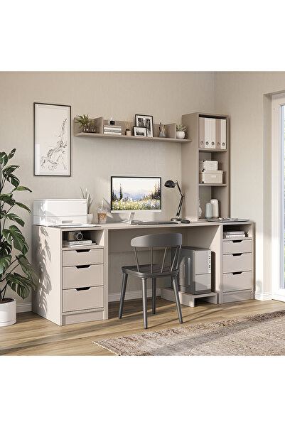 ROOMART Mode 2 adet 3 Çekmeceli Kesonlu Çalışma Masası , Kitaplıklı ve Raflı Çalışma Masası , Çalışma Ofis Masası , Bilgisayar Masası