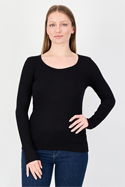 Undiz Women Scoop Neck Long Sleeve Ribbed Top, Black