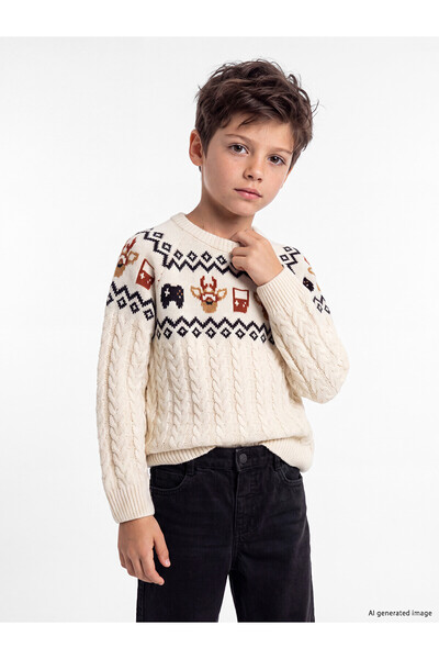 LC Waikiki Lcw Kids Beige Christmas Themed Boy's Knit Sweater