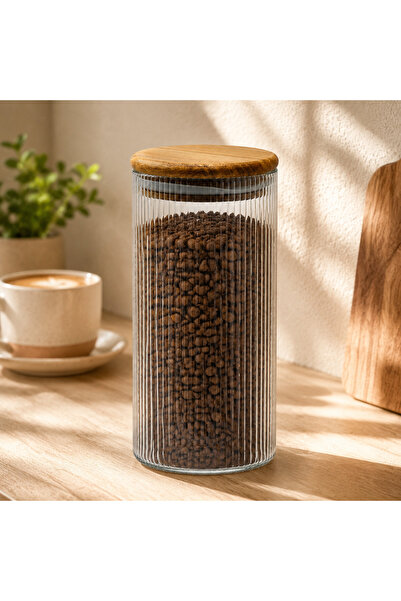 kitchen soft Akasya Kapaklı Çizgili Cam Kavanoz Yaklaşık 650 ml Büyük Boy Kah...