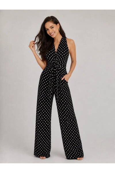 Cool & Sexy Polka Dot Halter Neck Belted Wide Leg Women's Jumpsuit