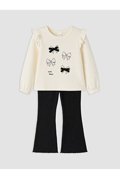 LC Waikiki Lcw Baby Ecru Bow Printed Spanish Style Baby Girl Set