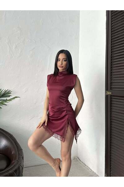 Moda Days Γυναικείο BURGUNDY - Μπορντό Σατέν Μίνι Φόρεμα με Δαντέλα, Ασύμμετρ...