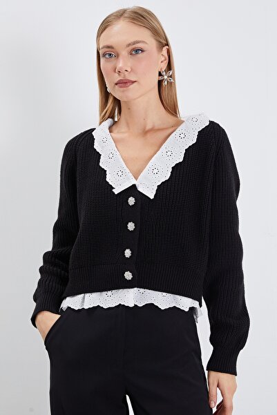 Fulla Moda Collar and Hem Lace-Up Knitwear Cardigan