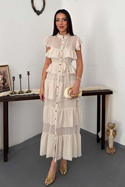 Clothes Fast Women's Beige Chiffon Layered Flounce Belted Buttoned Long Dress