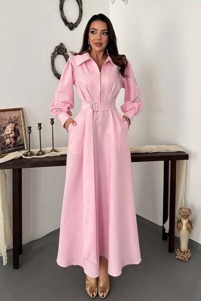 Moda Days Women's Pink Long Sleeve Shirt Collar Zipper Belted Pocketed Pleate...