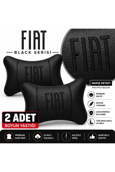 BRTSHOPPİNG Fiat Black Serisi 4 Parça Oto Boyun Yastığı ve Emniyet Kemer Pedi Seti – 2 Yastık + 2 Kemer Pedi, Siyah Nakışlı