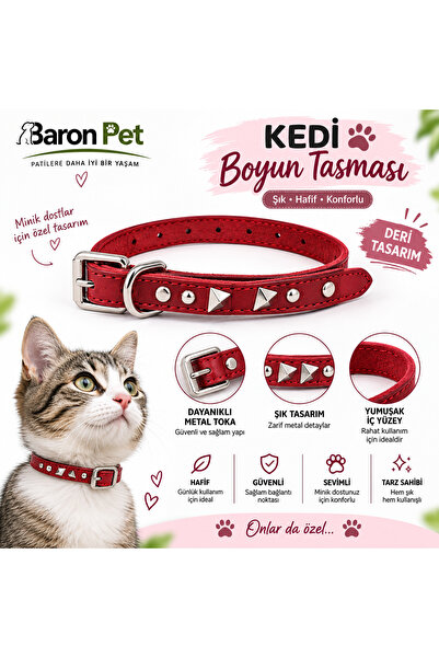 Baron Pet Perçin Süslemeli Deri Kedi Boyun Tasması Ayarlanabilir Metal Tokalı...