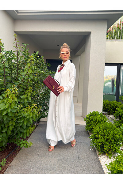 Noi Long Top with Pleated Back and Elastic Waist Pants Set - White Viscose