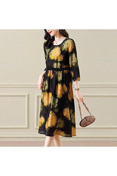 dorbe Women's Yellow Black Floral Long sleeve Midi Dress