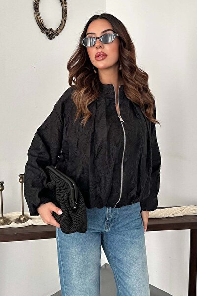 Moda Days Women's Black Patterned Bomber Jacket with Stand Collar and Zipper,...