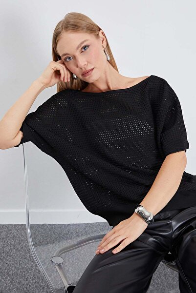 Fulla Moda Διάτρητη Μπλούζα Πλεκτή με Λαιμόκοψη Καγιάκ