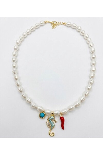 mibrillo Pearl charm necklace (red chili sea horse and turquoise stone charm ...