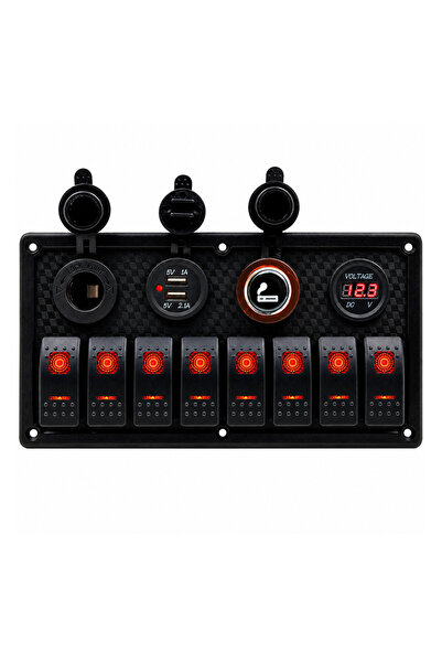 Labarka 8'li Switch Panel USB + Çakmaklık + Voltmetre + Çakmak Kırmızı LED'li