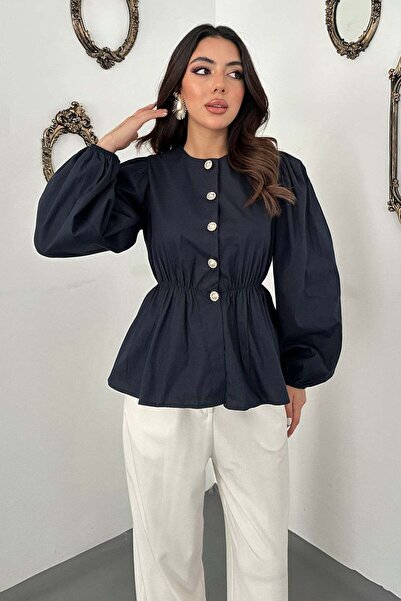 Clothes Fast Bluză de damă, albastru marin, cu guler rotund, cu nasturi, mâne...