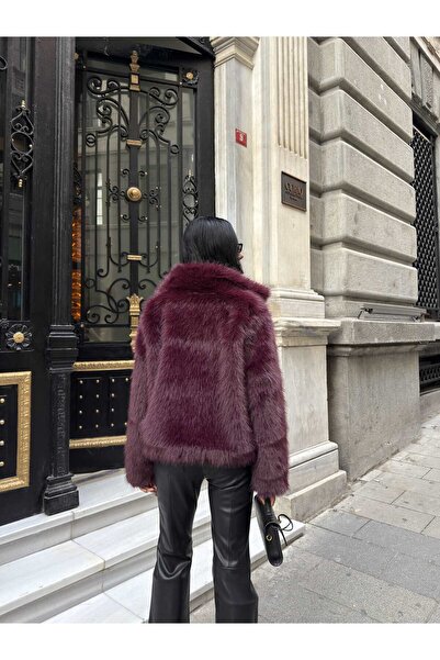 Moda Days Women's Plum - Myrdum Short Faux Fur Coat Wide Fur Collar Long Slee...