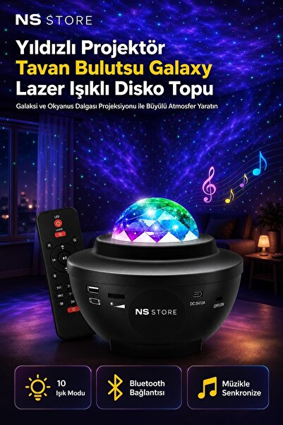 NS Store Yıldızlı Gökyüzü Projektör Gece Lambası Galaksi Okyanus Dalgası Bluetooth Hoparlörlü Ortam Işığı