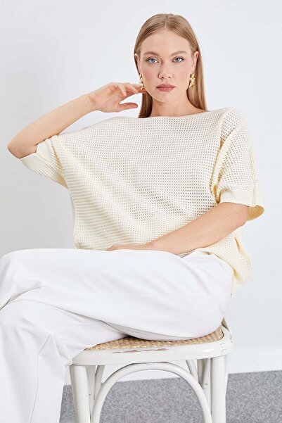 Fulla Moda Openwork Boat Neck Casual Knitwear Blouse