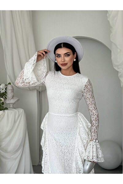 Clothes Fast Women's White Lace Midi Dress Crew Neck Long Sleeve Flounce Slim...