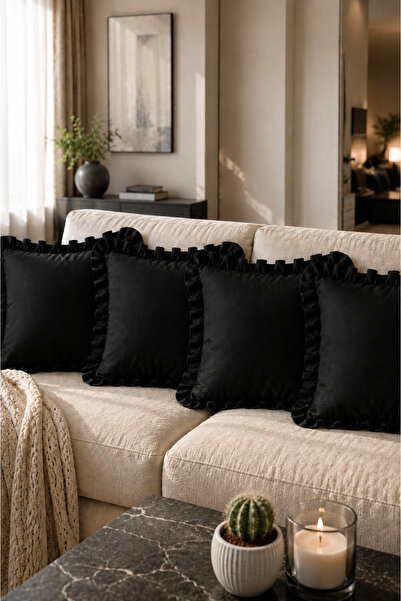 YUNUSOĞLU HOME Set of 4 Black Ruffled Decorative Cushion Covers 100% Cotton 4...
