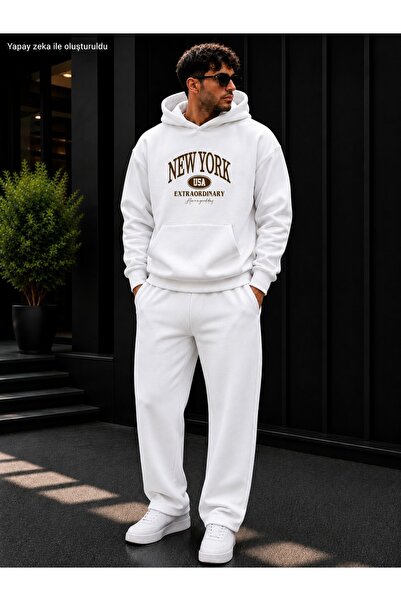 caddekombin Men's New York Usa Printed Tracksuit Set / Round Neck Cotton Swea...