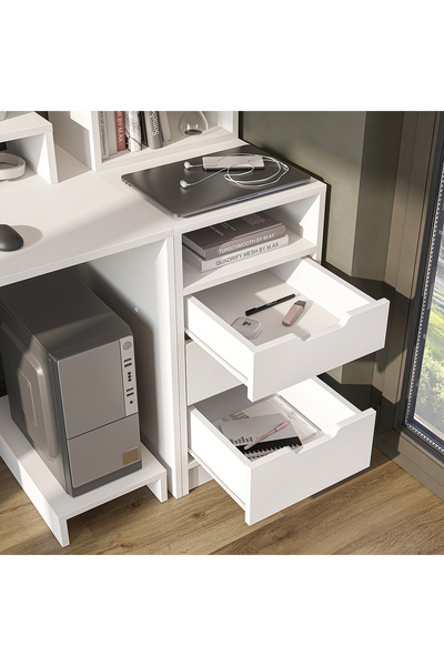 ROOMART Mode Raflı Çalışma Masası , 3 Çekmeceli Kesonlu Çalışma Masası , Raflı Monitör Standlı Çalışma Ofis Masası , Bilgisayar Masası
