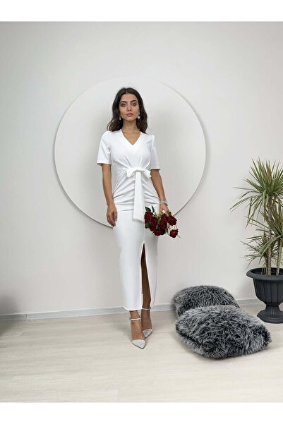 Moda Days Γυναικείο ΛΕΥΚΟ φόρεμα μάξι με λαιμόκοψη V, κορδόνι περίσφιξης, φιό...