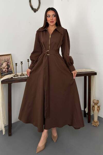 Moda Days Women's Brown Long Sleeve Shirt Collar Zipper Belted Pocketed Pleat...