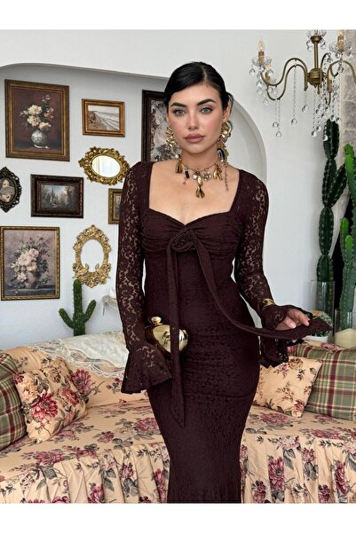 Clothes Fast Women's Coffee Lace Midi Dress Heart Collar Rose Detailed Long S...
