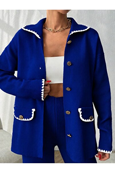 STF MODA Women's Buttoned Jacket-Pants Shepherd Stitched Knitwear Set Blue
